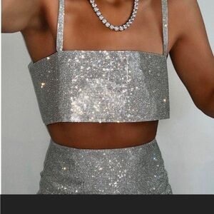 White Fox Sparkly Silver Crop Top